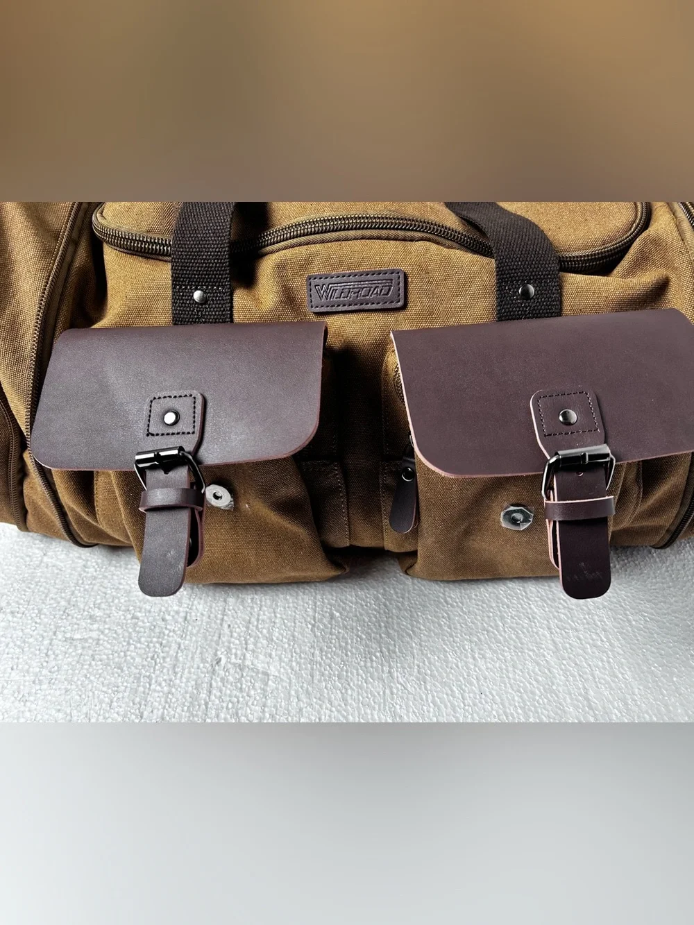 Wildroad Tan Canvas Duffel Bag with Dark Brown Leather Trim 50L expandable